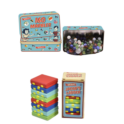 Retro Tin of Marbles (160pcs) & Wooden Jacob's Ladder Bundle Pack