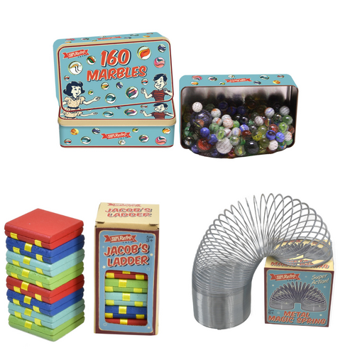 Retro Tin of Marbles (160pcs), Wooden Jacob's Ladder & Metal Magic Spring Bundle Pack