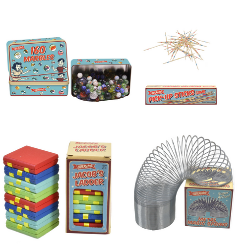 Retro Tin of Marbles (160pcs), Pick Up Sticks, Wooden Jacob's Ladder & Metal Magic Spring Bundle Pack