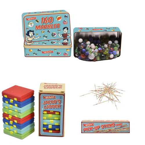 Retro Tin of Marbles (160pcs), Wooden Jacob's Ladder & Pick Up Sticks Bundle Pack