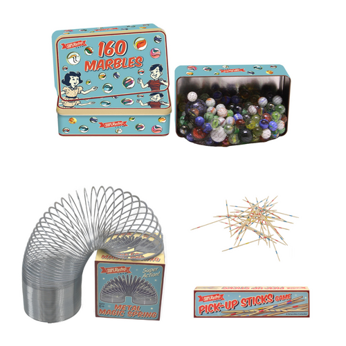 Retro Tin of Marbles (160pcs), Metal Magic Spring & Pick Up Sticks Bundle Pack