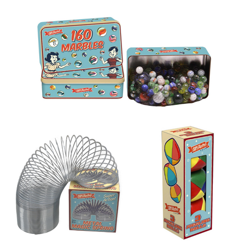 Retro Tin of Marbles (160pcs), Metal Magic Spring & Juggling Balls Bundle Pack