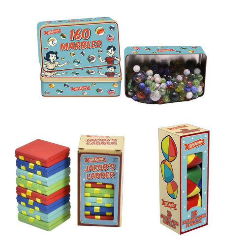 Retro Tin of Marbles (160pcs), Wooden Jacob's Ladder & Juggling Balls Bundle Pack