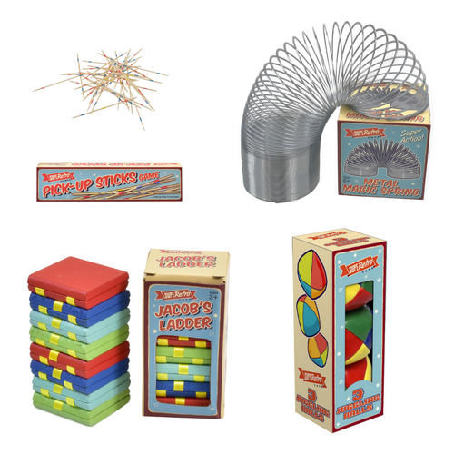 Retro Pick Up Sticks, Metal Magic Spring, Wooden Jacob's Ladder & Juggling Balls Bundle Pack