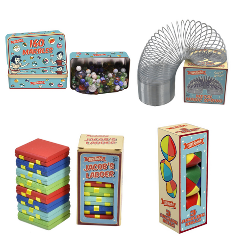 Retro Tin of Marbles (160pcs), Metal Magic Spring, Wooden Jacob's Ladder & Juggling Balls Bundle Pack