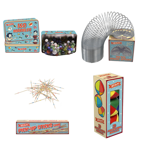 Retro Tin of Marbles (160pcs), Metal Magic Spring, Pick Up Sticks & Juggling Balls Bundle Pack