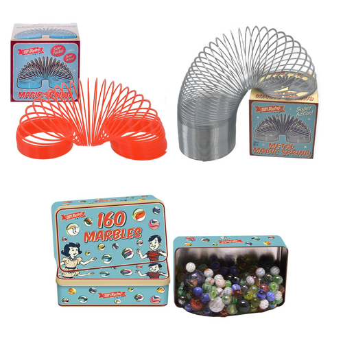 Retro Plastic Magic Spring, Metal Magic Spring & Tin of Marbles (160 pcs) Bundle Pack