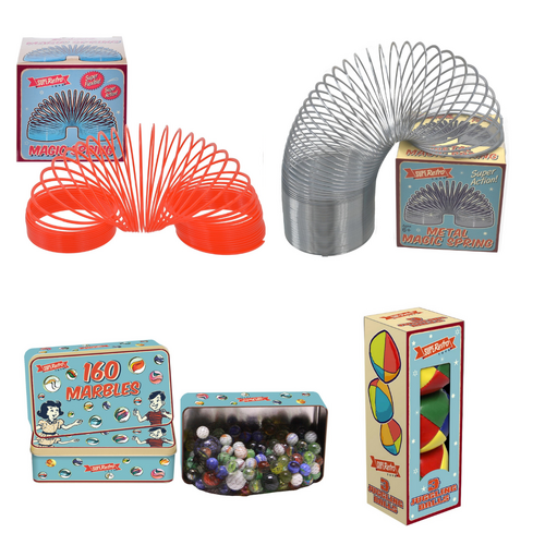 Retro Plastic Magic Spring, Metal Magic Spring, Tin of Marbles (160pcs) & Juggling Balls Bundle Pack