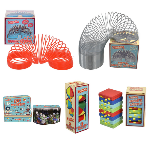 Retro Plastic Magic Spring, Metal Magic Spring, Tin of Marbles (160pcs), Juggling Balls & Wooden Jacob's Ladder Bundle Pack