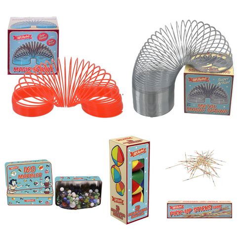 Retro Plastic Magic Spring, Metal Magic Spring, Tin of Marbles (160pcs), Juggling Balls & Pick Up Sticks Bundle Pack