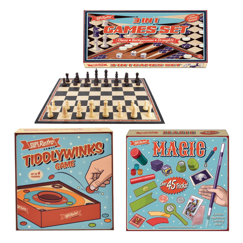 Retro 3 in 1 Games Set, Tiddlywinks & Magic Tricks Bundle Set