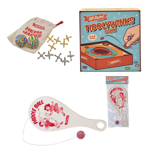 Retro Metal Jacks, Tiddlywinks & Wooden Paddle Bat Bundle Set