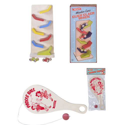 Retro Wooden Click Clack Cars & Paddle Bat Bundle Set