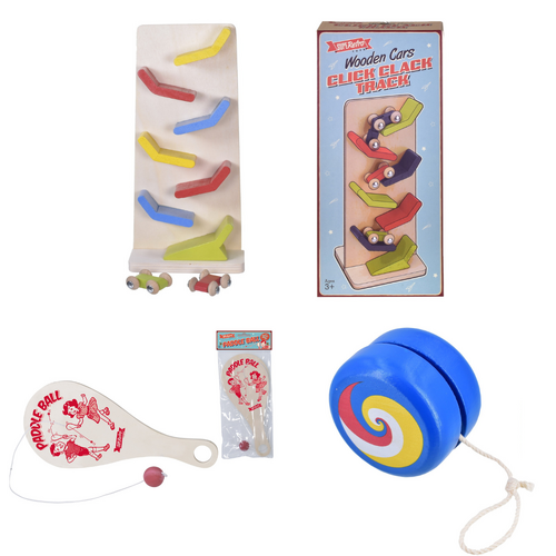 Retro Wooden Paddle Bat, Click Clack Cars & Yo Yo Bundle Set