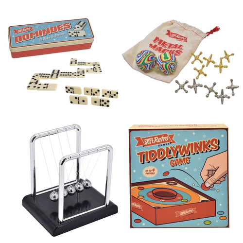 Retro Dominoes, Metal Jacks, Newton's Cradle & Tiddlywinks Bundle Set