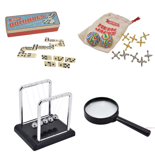 Retro Dominoes, Metal Jacks, Newton's Cradle & Magnifying Glass Bundle Set