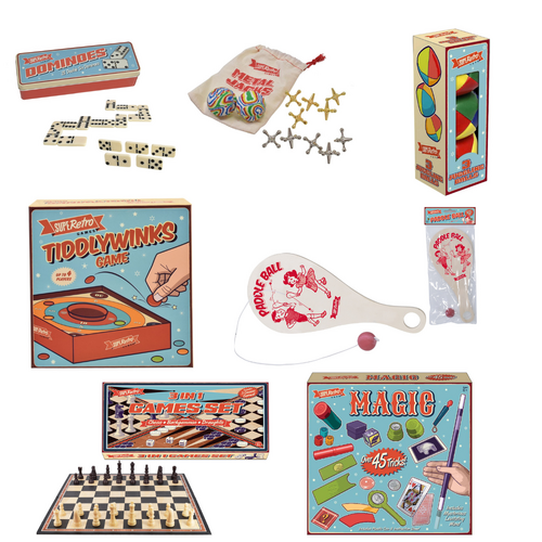 Retro Dominoes, Metal Jacks, Juggling Balls, Tiddlywinks, Paddle Bat, 3in1 Games Set & Magic Set Bundle Set