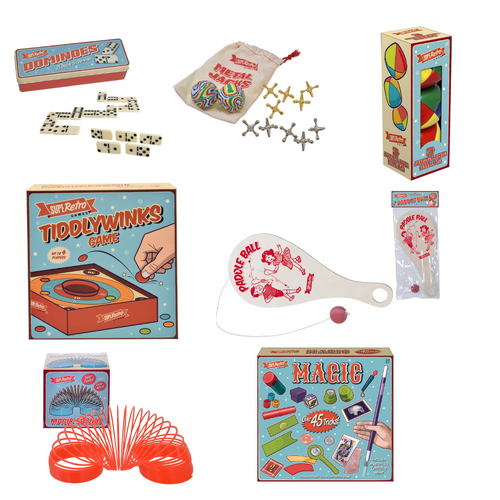 Retro Dominoes, Metal Jacks, Juggling Balls, Tiddlywinks, Paddle Bat, Plastic Magic Spring & Magic Set Bundle Set