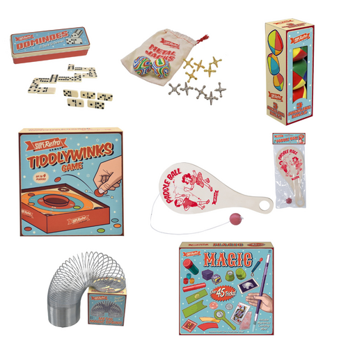 Retro Dominoes, Metal Jacks, Juggling Balls, Tiddlywinks, Paddle Bat, Metal Magic Spring & Magic Set Bundle Set