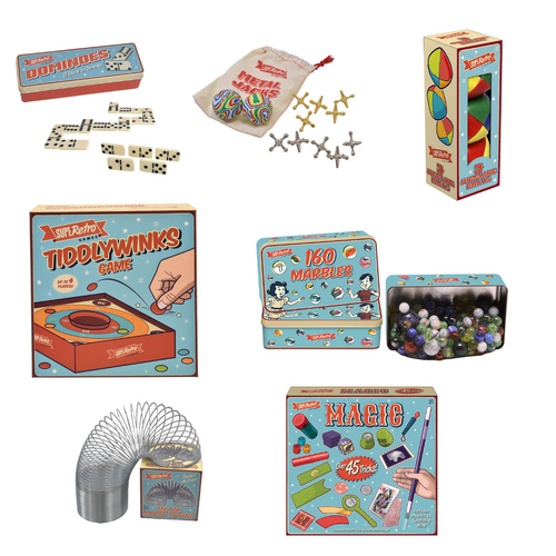 Retro Dominoes, Metal Jacks, Juggling Balls, Tiddlywinks, Tin of Marbles (160pcs), Metal Magic Spring & Magic Set Bundle Set