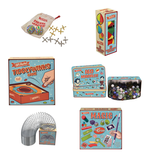 Retro Metal Jacks, Juggling Balls, Tiddlywinks, Tin of Marbles (160pcs), Metal Magic Spring & Magic Set Bundle Set