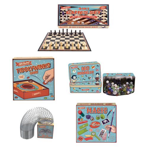 Retro 3 in 1 Games Set, Tiddlywinks, Tin of Marbles (160pcs), Metal Magic Spring & Magic Set Bundle Set