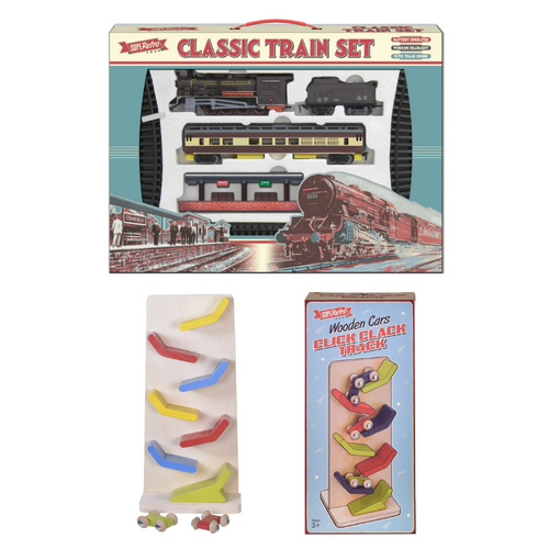 Retro Classic Train Set & Wooden Click Clack Cars Bundle Set