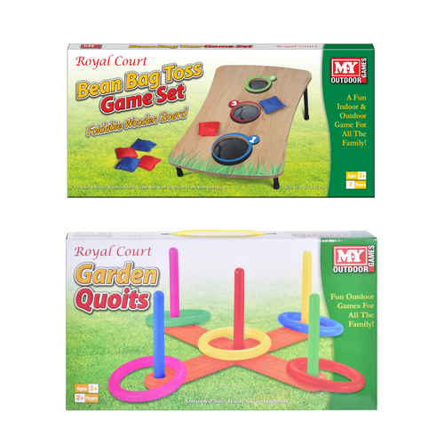 Wooden Bean Bag Toss Game & Plastic Garden Quoits Bundle Set