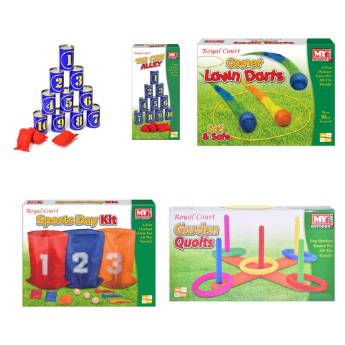 Tin Can Alley, Comet Lawn Darts, Sports Day Kit & Plastic Garden Quoits Bundle Set