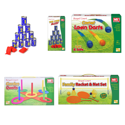 Tin Can Alley, Comet Lawn Darts, Plastic Garden Quoits & Family Racket & Net Bundle Set