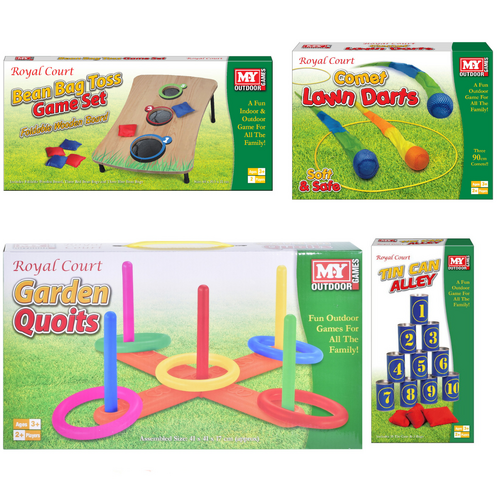 Wooden Bean Bag Toss Game, Comet Lawn Darts, Plastic Garden Quoits & Tin Can Alley Bundle Set