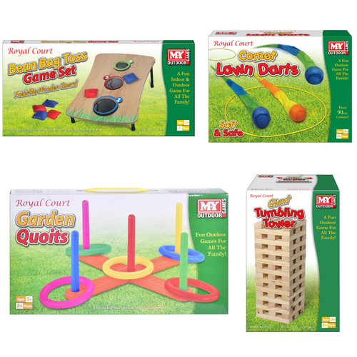 Wooden Bean Bag Toss Game, Comet Lawn Darts, Plastic Garden Quoits & Giant Tumbling Tower Bundle Set